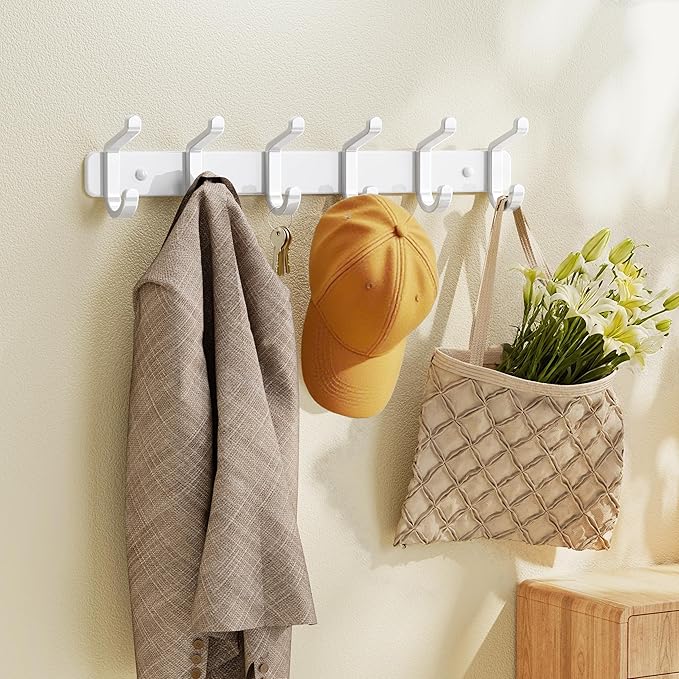 pickpiff Coat Rack Wall Mounted Heavy-Duty: Metal Coat Hanger 6 Hooks for Hanging Hat, Clothes, Robe, Keys, Backpack, Bathroom Towels, Jacket, Purse - Closet, Door, Entryway, Mudroom (White, 2 Pack)