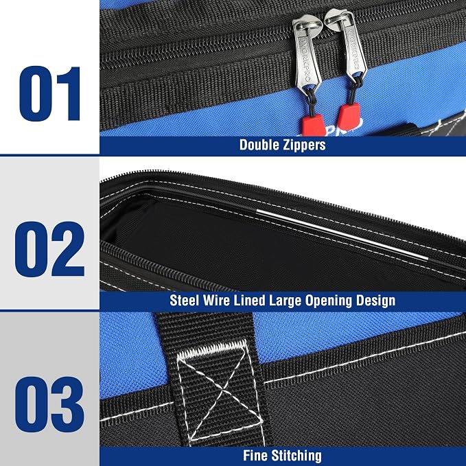 WORKPRO 16-inch Wide Mouth Tool Bag with Water Proof Molded Base | Multi-Pocket, Heavy Duty Cloth, Adjustable Shoulder Strap, Double-pull Zipper, For Workshops, Outdoor Projects