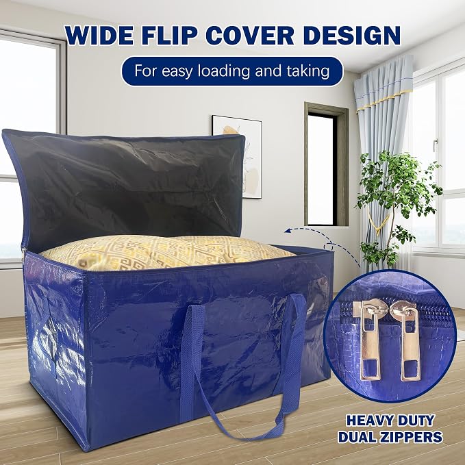 12 Pack Extra Heavy Duty Large Moving Bags with Strong Zipper & Carrying Handles, Sturdy Clothes Storage Bag Totes Bins, Packing Bags Moving Boxes College Moving Supplies, Dark Blue - 40 gal