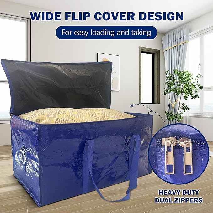 8 Pack Extra Heavy Duty Large Moving Bags with Strong Zipper & Carrying Handles, Sturdy Clothes Storage Bag Totes Bins, Packing Bags Moving Boxes College Moving Supplies, Dark Blue - 40 gal