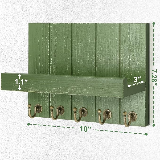 Rebee Vision Key Holder Wall Mount with Shelf for Home Decor, Green | 3.54 x 10 x 7.28 Inches, Pine Wood, Key Holder for Wall, 5 Hooks for Hats and Keys, Compact Organizer for Room Needs.