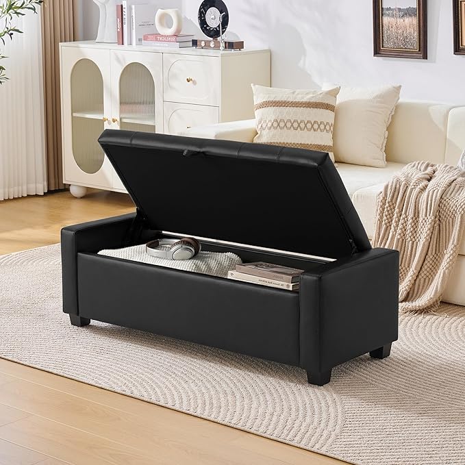 Huatean Home 48" Ottoman with Storage, Light Black Storage Ottoman Bench | Upholstered Entryway Bench with Seating for Bedroom, Living Room with Safety Hinge, Holds up to 330 lb