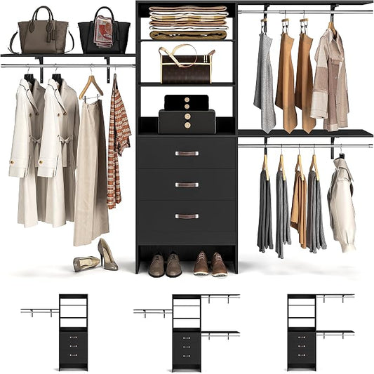 96" Wood Closet System with 3 Enclosed Drawers & 3 Solid Shelves, 8FT Adjustable Closet Organizers and Storage, Heavy Duty Modular Wardrobe for Reach-In & Walk-In, 1000 LBS Load, Black