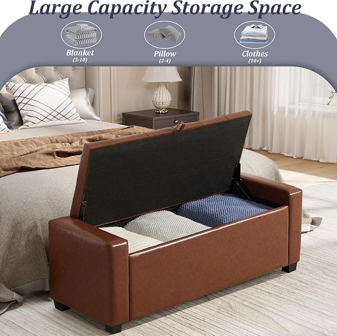 Royal Windsor Ottoman with Storage,Tufted Storage Bench with Safety Hinge,Holds up to 350 lb,Upholstered Bench with Seating for Bedroom, Living Room,Entryway,Leather Brown