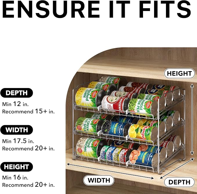 Simple Houseware Stackable Can Rack, Silver, Adjustable Plastic Dividers, Holds 36 Cans | Can Food Storage Dispenser for Pantry/Cabinet, Adjustable Dividers – 11.5" D x 17" W x 13.75" H