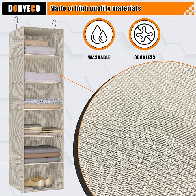 Hanging Closet Organizer 6-Tier, Oxford Wardrobe Storage, Beige Houndstooth | Easy-mount foldable design holds clothes, handbags, shoes & accessories; washable Oxford fabric, sturdy and space-saving.