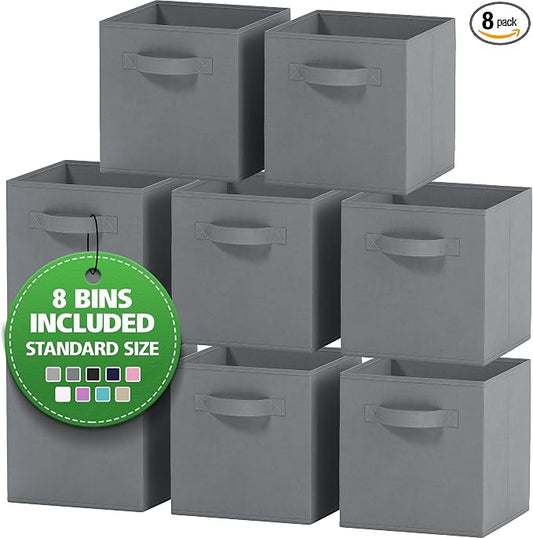 Storage Cubes Pack Of 8 - Standard Size Cube Storage Bin 10.5x10.5x11 With Dual Handles For Easy Carrying- Fabric Storage Bins Collapsible (Grey)