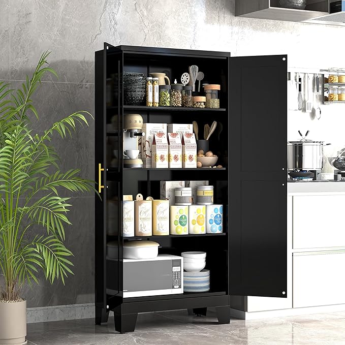 GAIOUS 61.02" Kitchen Pantry Cabinet, Pantry Storage Cabinet with 2 Doors and Adjustable Shelves, Black Food Storage for Kitchen, Living Room, Bedroom and Dining Room (Black) Metal Sideboard