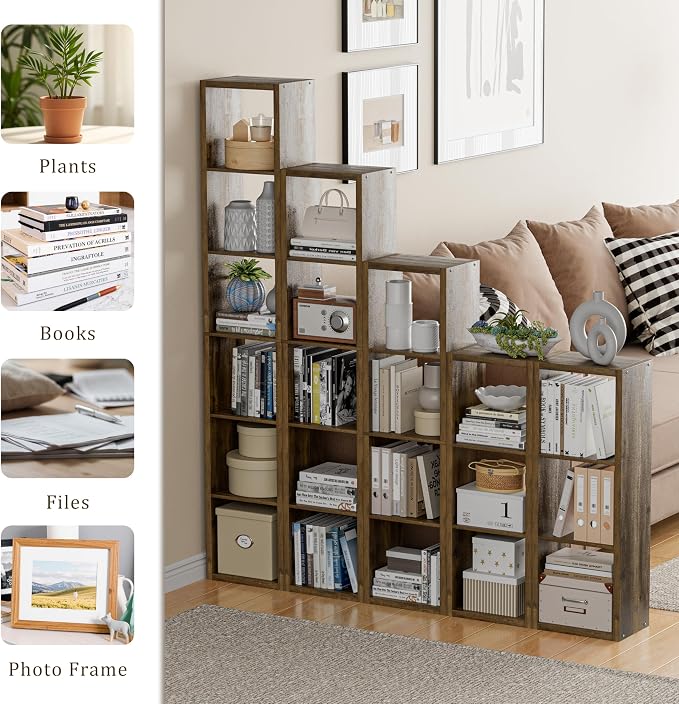 VDNEND Tall Cube Storage Organizer Bookcase, 5 Tier 11 inch Open Back Cubical Shelf with Thickened Border, Display Bookshelf for Living Room, Home Office, Sturdy Room (Brown, 5 Cube,Vertical)