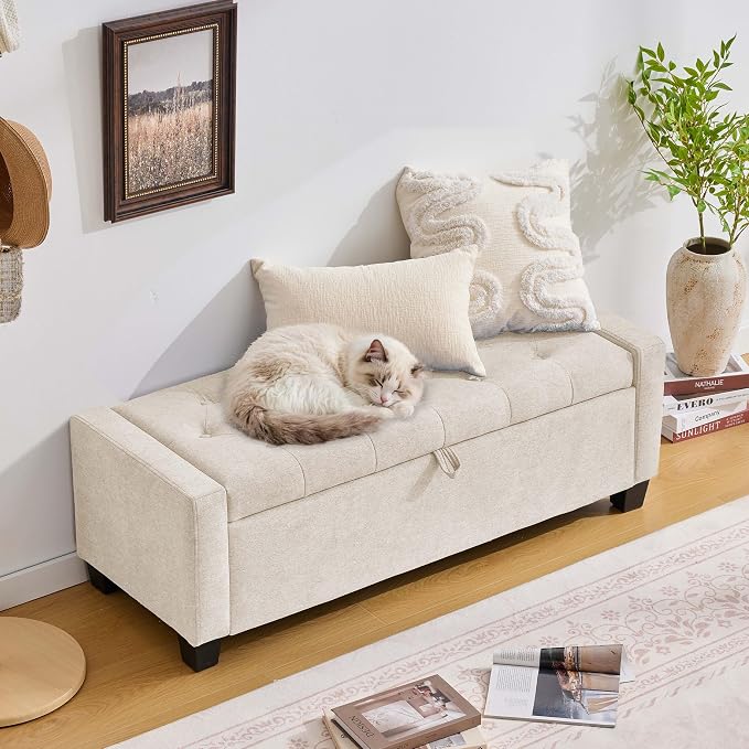 Huatean Home 43" Ottoman with Storage, Beige Storage Ottoman Bench | Upholstered Entryway Bench with Seating for Bedroom, Living Room, with Safety Hinge Holds up to 330 lb