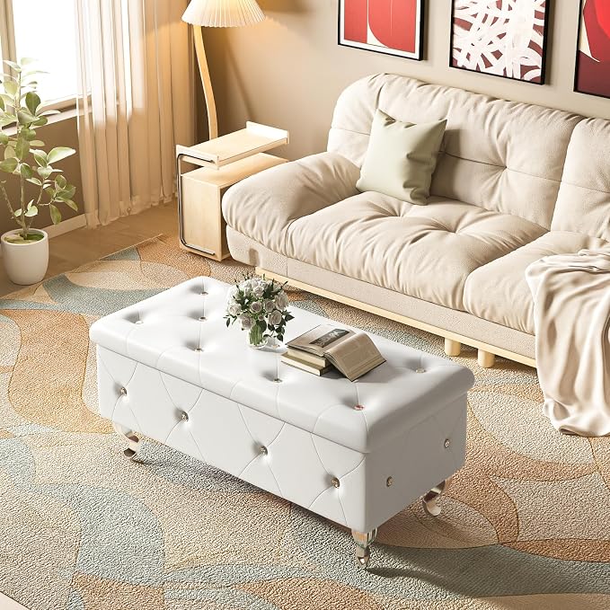 Recaceik Ottoman with Storage, Small Upholstered Storage Bench for Bedroom, Ottoman Bench with Legs for Living Room, End of Bed, Entryway, Window, White