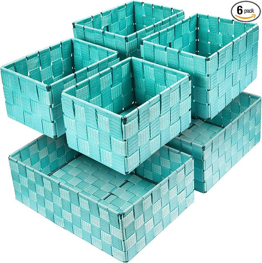 Storage Baskets with Lids: 6 Pack Stackable Woven Storage Bins, Aqua | Decorative Woven Baskets for Organizing with Built-In Handles for Shelves, Closets, Cabinets and Cubbies, Gift Small Basket