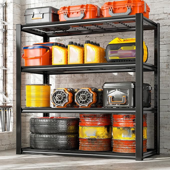 REIBII 40" W Storage Shelves with Wire Mesh Panels for Garage Organization | 560Lbs/tier, 40" W x 19.5" D x 59.5" H, Adjustable, 4-Tier, Double-Layer Frame, Rustproof Finish, for Basement Warehouse, 2Pc