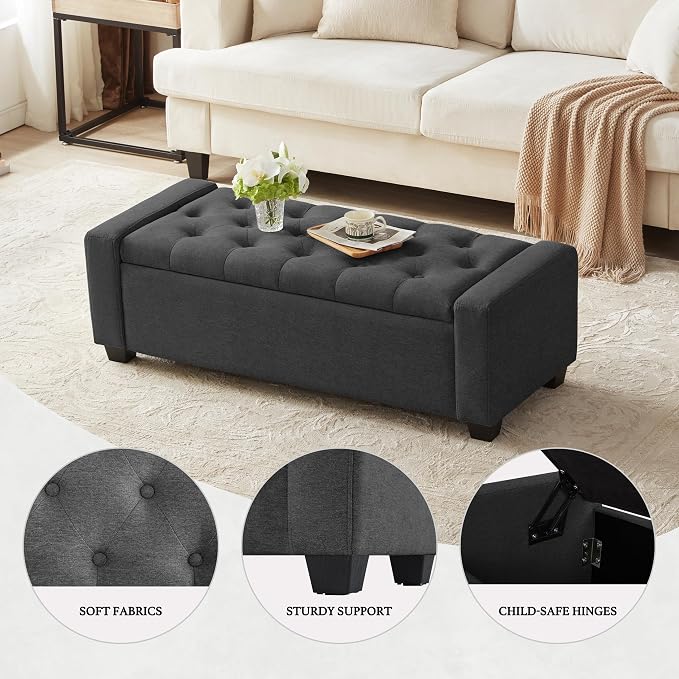 Huatean Home 48" Ottoman with Storage, Dark Gray Storage Ottoman Bench | Upholstered Entryway Bench with Seating for Bedroom, Living Room, Holds up to 330 lb with Safety Hinge