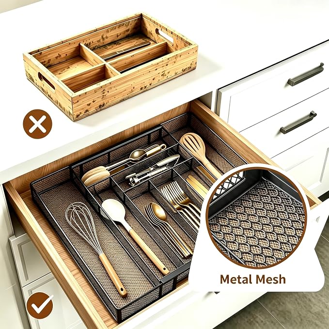 Sedegn Silverware Organizer Metal Mesh, Large Drawer Organizer | Utensil Cutlery Tray for kitchen drawers, Expandable Flatware Organizer with 8 Compartment Black 11.6"~20" x 17.3"