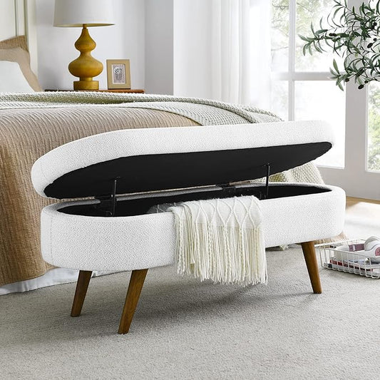 43.5” Storage Ottoman Bench，Upholstered Oval End of Bed Bench for Bedroom | Modern Linen Ottoman with Storage, Entryway Foot Rest with Wooden Legs, Lift-Top Lid with Safety Hinge, Living Room, White