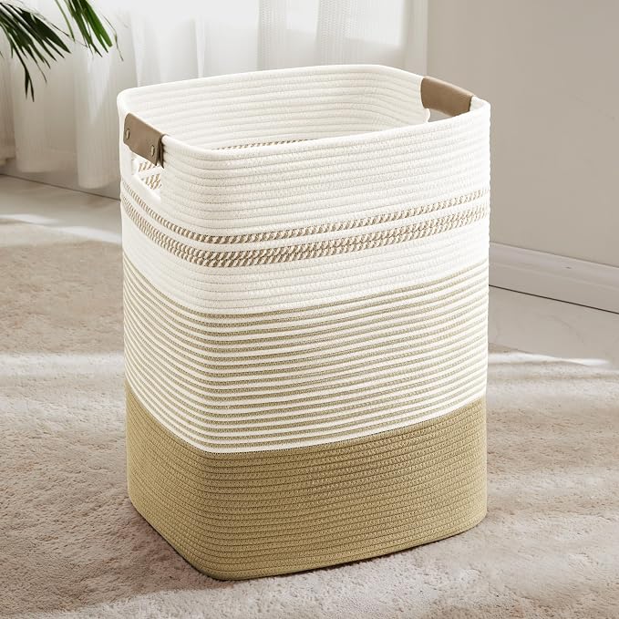 85L Tall Woven Laundry Basket Hamper with Leather Handles,Khaki | collapsible wicker hamper, storage for dirty clothes, toys, blankets, gifts, living room, bedroom, bathroom, 17"x14"x22"