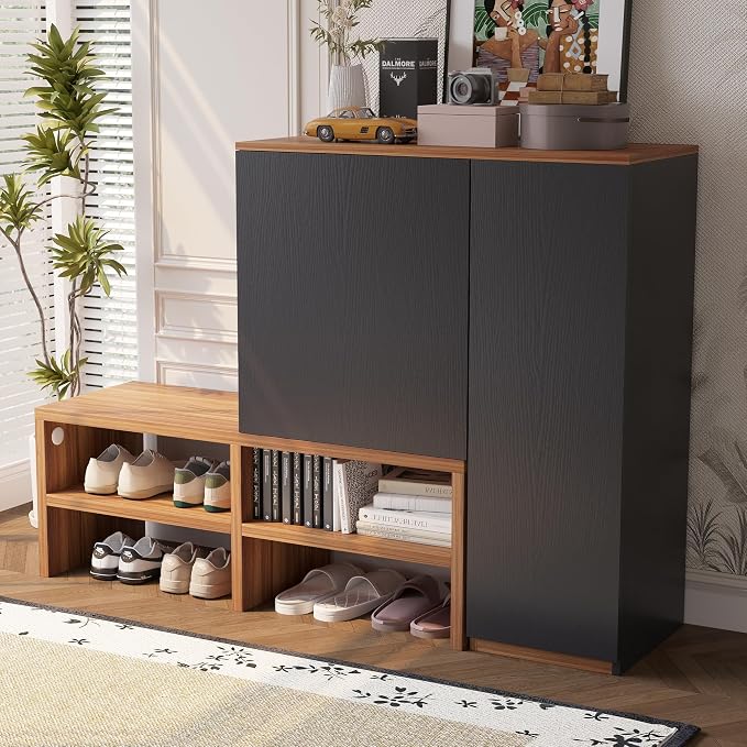 51.18" Shoe Storage Cabinet with Doors & Open Shelves, Walnut & Black | Space saving, dust-proof, clutter-free, multi-scenario fit, durable construction