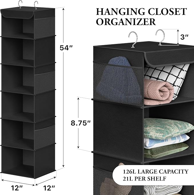 Simple Houseware 6 Shelf Hanging Closet Organizer, Black | 360° Rotating Dual Hooks, Top Support Metal Frame, 6 Side Mesh Pockets