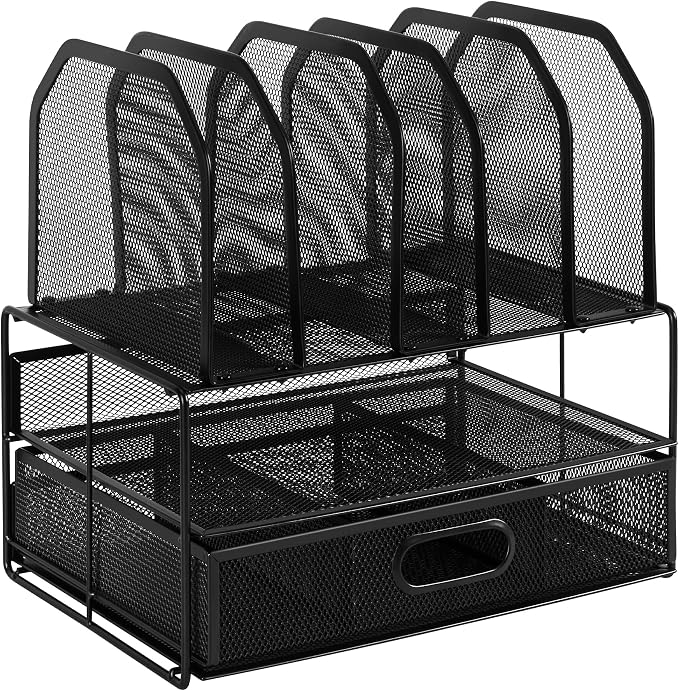 Amazon Basics Mesh Desk Organizer with Sliding Drawer, Double Tray and 5 Upright Sections, File Holder for Office Supplies, Paper Letter Tray, Black