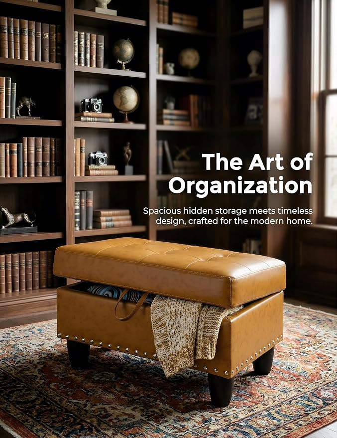 Ottoman with Storage, 28.5 inch Faux Leather Storage Ottoman with Padded Seat, Large Entryway Bench with Solid Wood Frame, Upholstered Sturdy Foot Rest for Living Room, Bedroom, Entryway