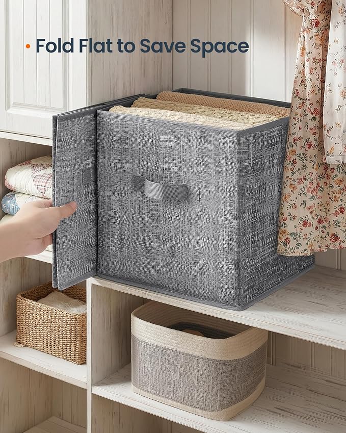 SONGMICS HOME Foldable Storage Cubes Set of 8, Fabric Shelf Organizer Bins with Handles, Closet Storage Boxes for Clothes, 12 x 12 x 12 Inches, Gray