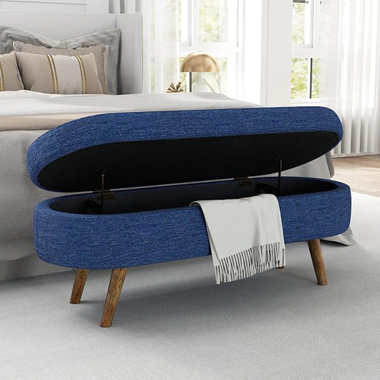 43.5" Ottoman with Storage, Storage Ottoman Bench with Safety Hinge, Foam End of Bed Bench, Upholstered Entryway Bench for Bedroom, Living Room & Window, Holds up to 330 lb, Blue