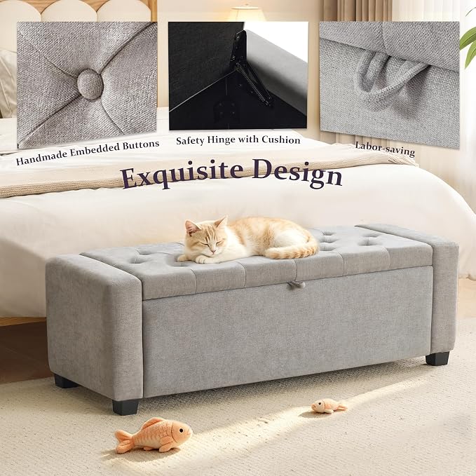 Royal Windsor 48" Ottoman with Storage,Tufted Storage Bench with Safety Hinge,Holds up to 350 lb,Upholstered Bench with Seating for Bedroom,Living Room,Entryway,Linen Light Gray