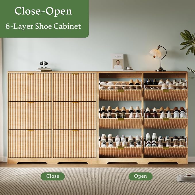 Xixini Shoe Storage Cabinet for Entryway with 6 Flip Drawers, Hidden Slim Wood Shoe Organizer with Modern Fluted Panel, Freestanding Narrow Shoe Rack for Front Door Entrance, Hallway, Foyer, Oak