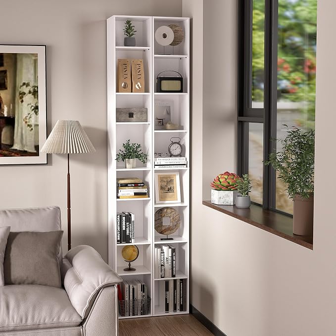 8-Cube Storage Organizer Bookcase, White, Tall Narrow Bookshelf for Home Office (White)