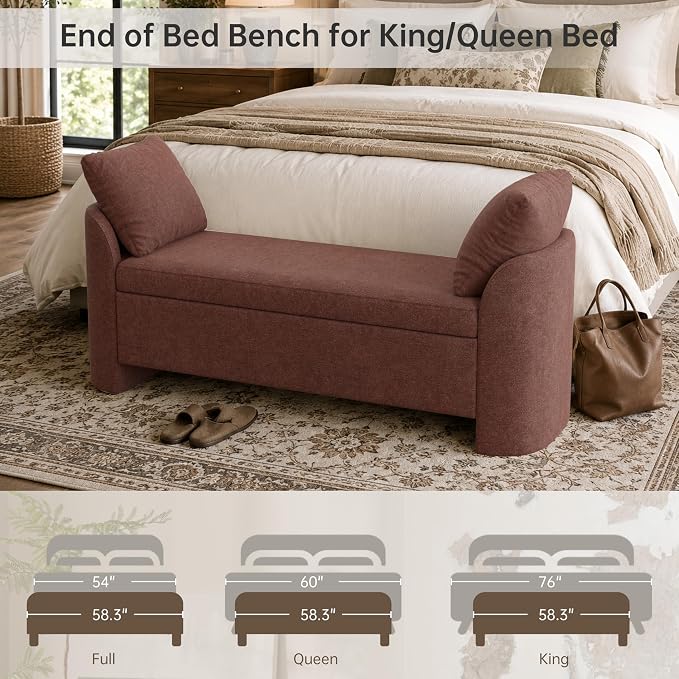 Usaint 58.3" Upholstered Storage Ottoman Bench with 2 Pillows, Rusty Red | End of Bed Bench with Curved Arms and Thickened Seat Cushion for Bedroom, Livingroom, Window, Entryway and Dressing Areas