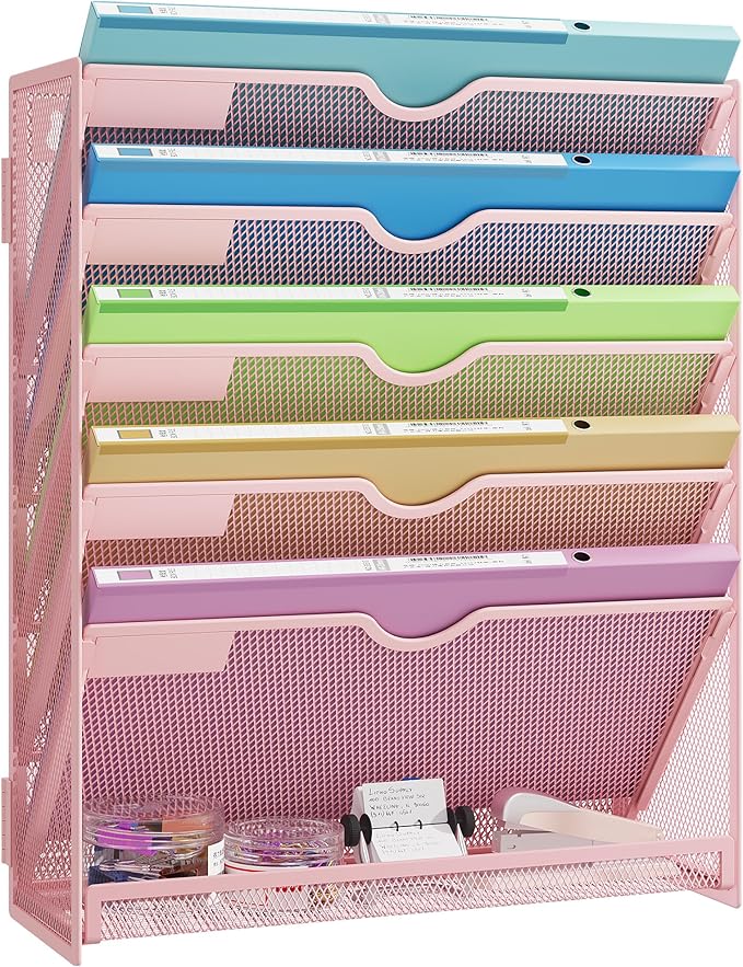 Pink Desk Organizer, Hanging Wall File Organizer with 6 Tiers | Metal Mesh Magazine & Mail Holder for Office Desk, Wall Mount Document Organizer for Home Decor