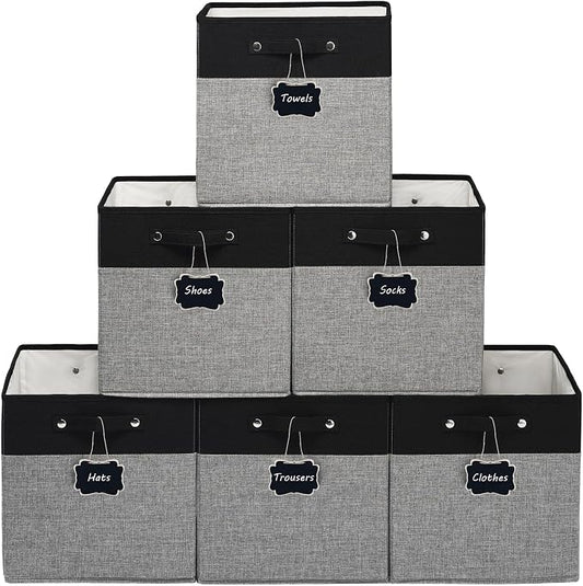 FinishingBo 13 inch Cube Storage Bins with Handles 6 Pack | Foldable Linen Storage Baskets, Closet Organizers, Shelf Baskets, Black Grey