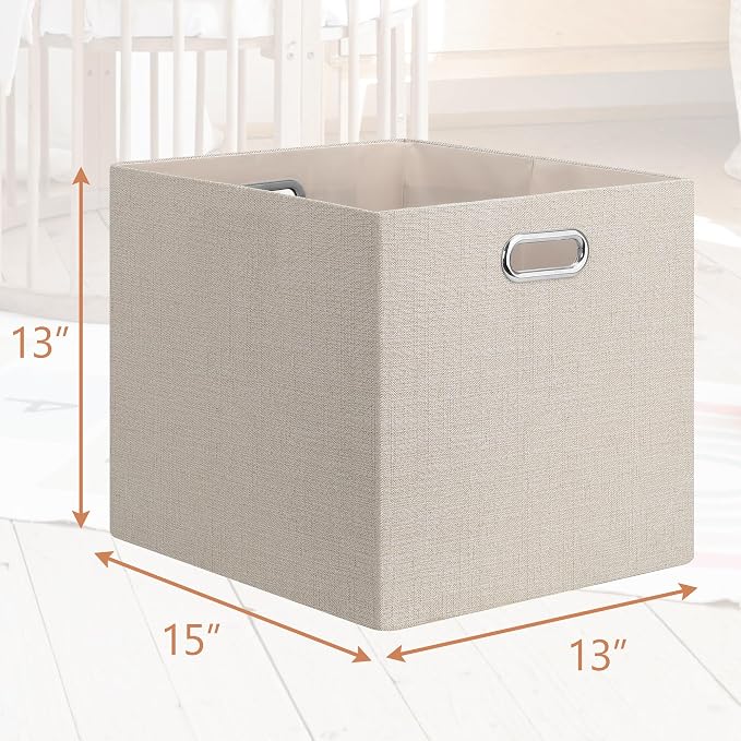 Posprica 13x15x13in Collapsible Storage Bins, Fabric Foldable Cube Storage Boxes, Decorative Storage Baskets Organizer for IKEA Kallax, Shelves, Closet, Clothes, Set of 4-Beige
