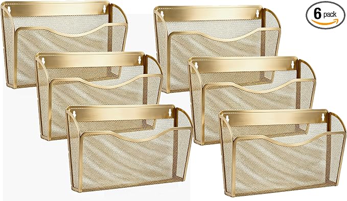 Gawerk Mesh Hanging Wall File Holders, Metal Vertical Wall Basket Mail Organizer for Office/Home (Gold, 6 Pack Wall Mounted)