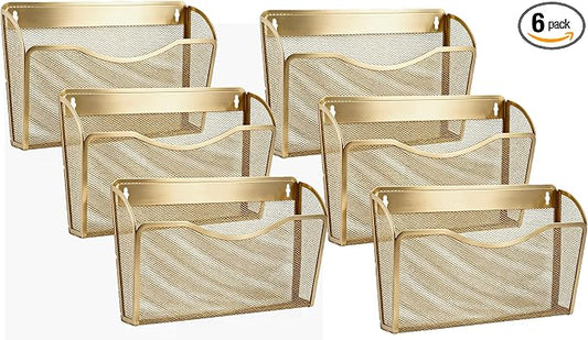 Gawerk Mesh Hanging Wall File Holders, Metal Vertical Wall Basket Mail Organizer for Office/Home (Gold, 6 Pack Wall Mounted)