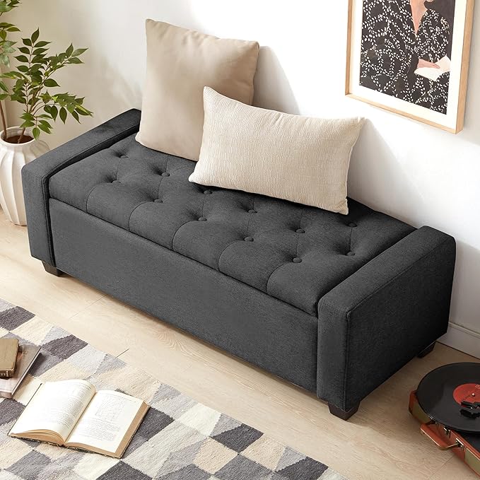 Huatean Home 48" Ottoman with Storage, Dark Gray Storage Ottoman Bench | Upholstered Entryway Bench with Seating for Bedroom, Living Room, Holds up to 330 lb with Safety Hinge