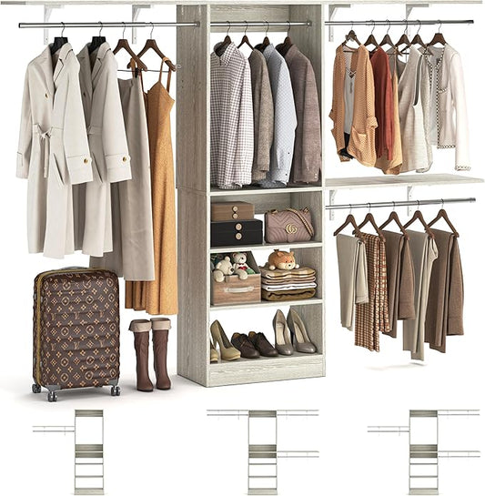 8FT Closet System with 3 Wooden Storage Shelves, 96'' Closet Organizer System with 3 Hanging Rods, Wall Mount Wardrobe Walk-in Closet, Adjustable Garment Rack from 5 to 8FT (Cut to Fit), White Oak