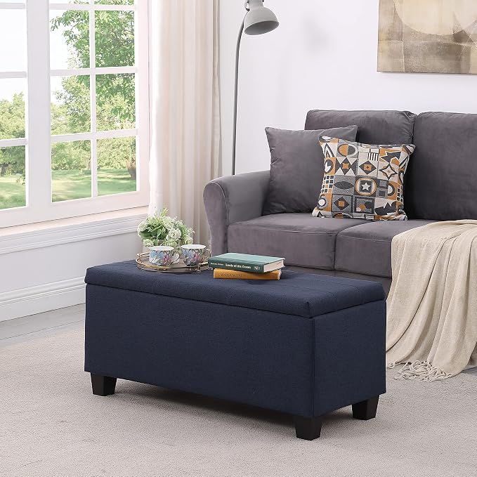 Set of 3 Hinged Storage Ottoman, 38'' Ottoman Bench with Storage and Thick Seating, End of Bed Bedroom Bench Window Bench with 2pcs Small Foot Rest (Blue - Fabric)
