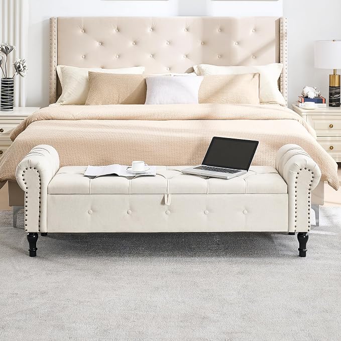Storage Bench 67" Linen End of Bed Benches Beige | King Size Storage Bench for Bedroom with Rolled Arms Tufted Ottoman Benches Upholstered Bench for Living Room Entryway