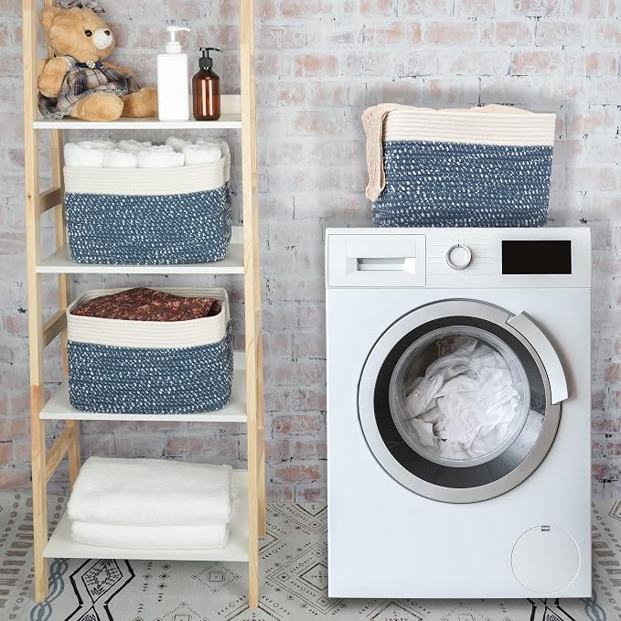 XUANGUO Woven Cotton Rope Storage Baskets 15x10x9.3" 3 Pack White and Blue | Decorative rectangular storage baskets for shelves and closets; storage bins organize clothes, toys, books and nursery items.