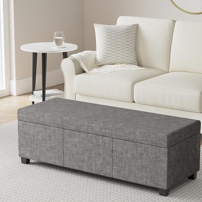 SIMPLIHOME Avalon Storage Ottoman Bench - 48" Wide x 16" High Upholstered Tweed Look Fabric Rectangular Lift-Top Ottoman in Dark Grey, Contemporary Storage Bench for Living Room with High-Density Foam