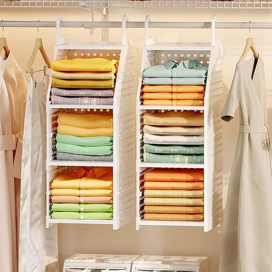 Honkazita 3-Tier Foldable Hanging Closet Organizer, White | Free-Standing Closet Hanging Organizer, For Wardrobe, Laundry Room, Plastic Hanging Closet Shelves, for Clothes, Handbags