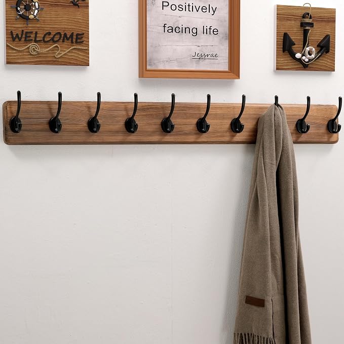 Wall Mounted Coat Rack: 38-1/4" Long, Patented, Heavy-Duty, 10-Double-Hooks Wooden Hanger Rail for Winter Coats, Hats, Jackets, Clothing - Natural & Black, Pack of 2
