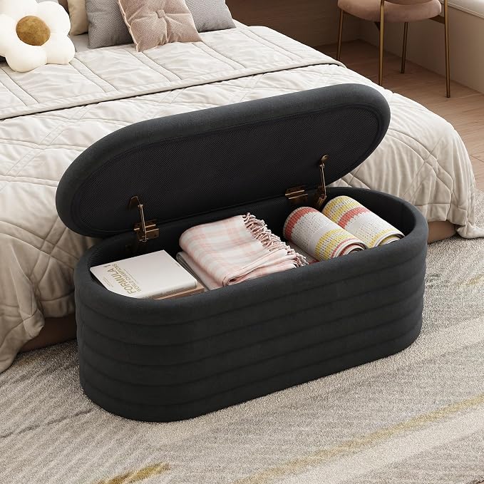 Ball & Cast Storage Ottoman Bench, 40" Chenille Upholstered Storage Bench for Bedroom End of Bed,Oval Ottoman with Storage,Entryway Bench with Safty Hinges for Living Room,Black