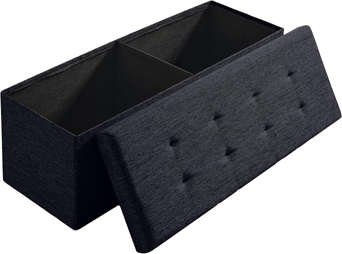 Ornavo Home 43 Inch Folding Extra Large Storage Bench, Linen, Black | Upholstered Tufted Ottoman with Lid; Foot Rest Stool; Ideal for Bedroom, Living Room or Entryway
