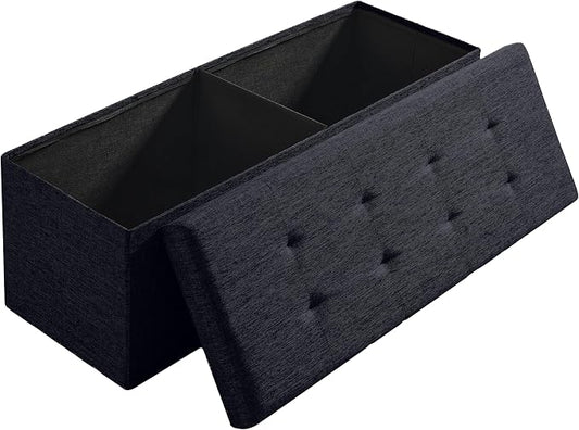 Ornavo Home 43 Inch Folding Extra Large Storage Bench, Linen, Black | Upholstered Tufted Ottoman with Lid; Foot Rest Stool; Ideal for Bedroom, Living Room or Entryway