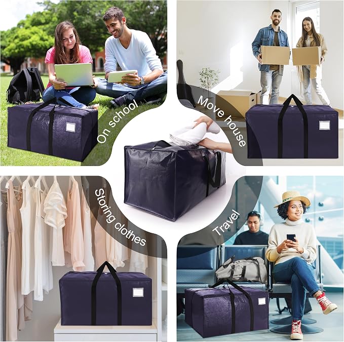 VELVETSURE Heavy Duty Extra Large Moving Bags W/Backpack Straps - Strong Handles & Zippers, Storage Totes For Space Saving, Fold Flat, Alternative to Moving Box and Storage Bin (Set of 6, Blue)
