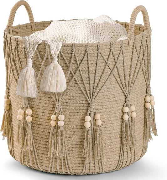 Blanket Basket for Living Room Decor Storage Basket for Toy Organizer Boho Decor Baskets for Modern Farmhouse Decor Small Laundry Basket for Bedroom and Laundry Room Organization,Natural