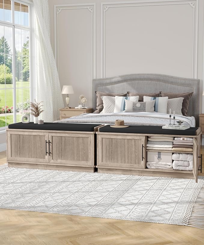 Akxomel 39.4" Fluted Shoe Storage Bench 2 Doors Wooden Entryway Bench Greige
